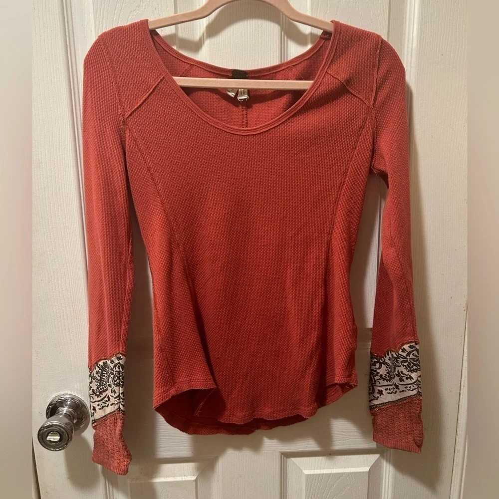 Free People Bandana Cuff Thermal Waffle Knit Layering Long Sleeve Top
